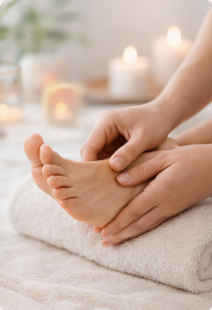 A therapist massaging a guest's foot